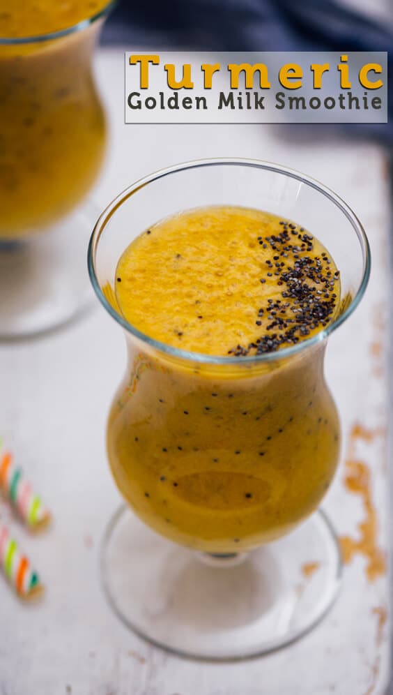 Rich and creamy Turmeric Golden Milk Smoothie with poppy seeds is a super healthy start in the morning. This naturally sweetened smoothie is vegan, nutritious, soothing and unbelievably tasty! Ready in 5 minutes with 5 ingredients. #turmeric #goldenmilk #smoothierecipe #vegansmoothie