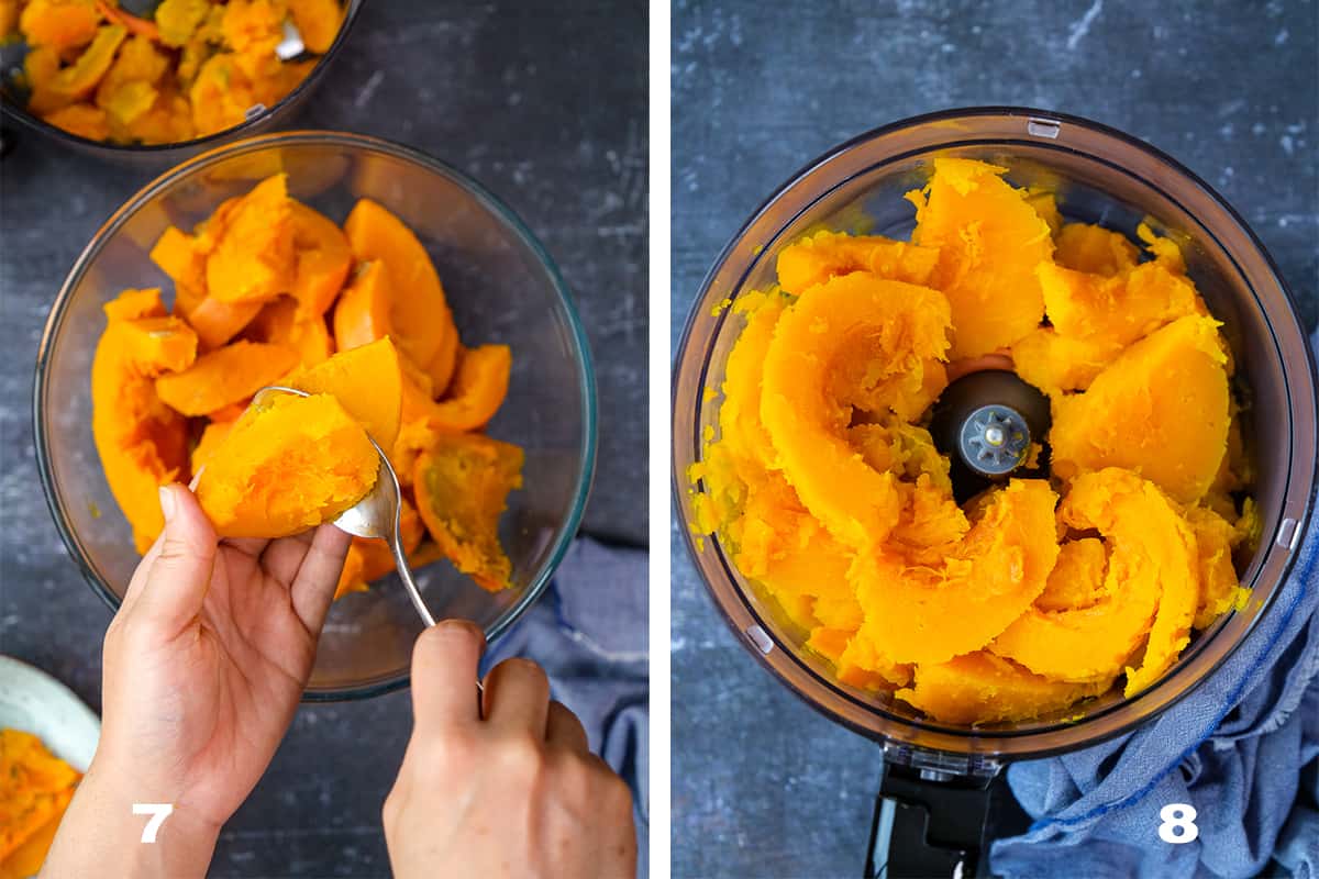 Two pictures showing how to scoop the flesh of boiled pumpkin and puree it in a processor.