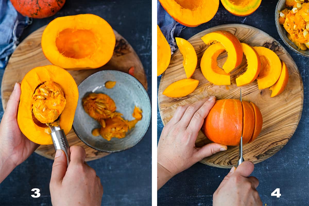 Two pictures showing how to remove the seeds from halved pumpkin with an ice cream scoop and then slice it.