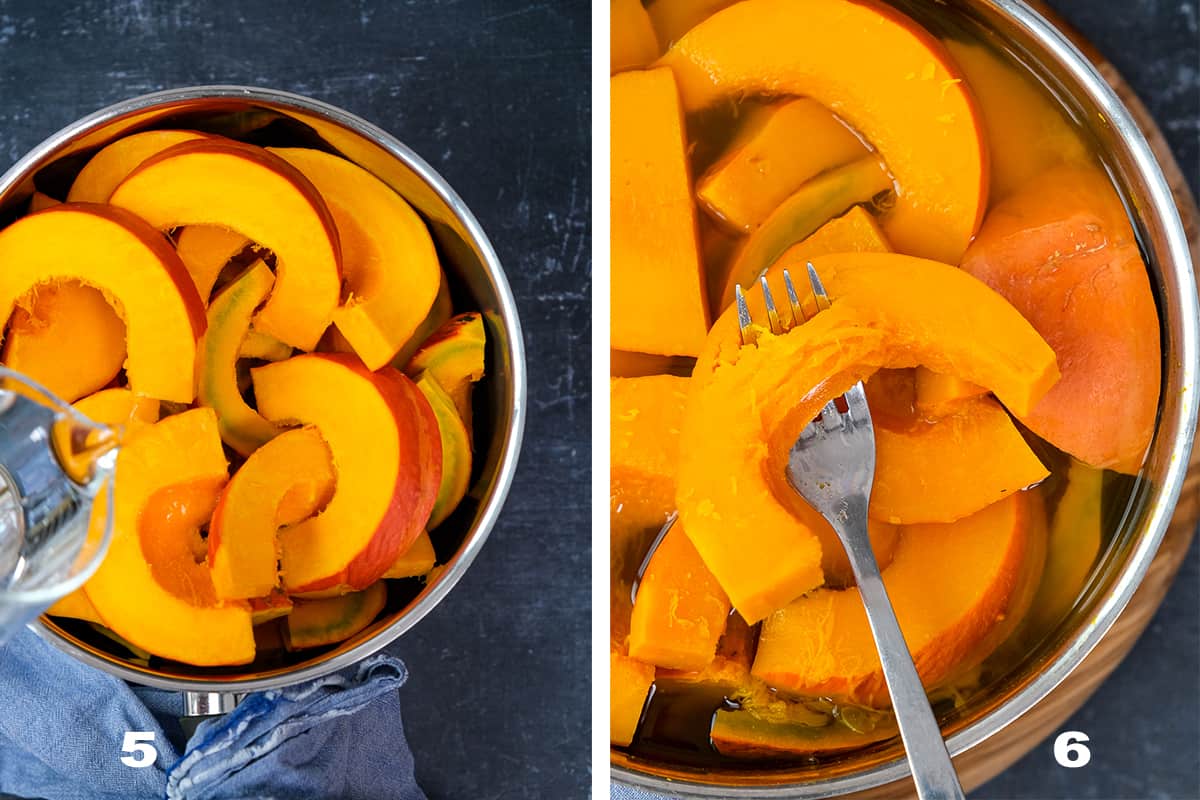 Two pictures showing how to boil pumpkin slices in a pot filled with water until fork tender.