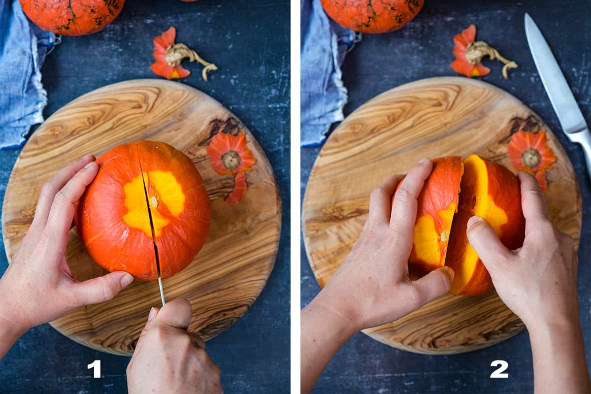 Two pictures showing how to cut and halve a sugar pumpkin.