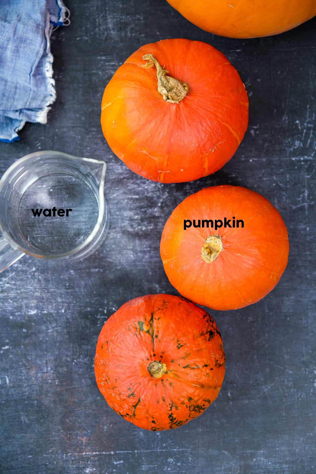 Small sugar pumpkins and a jug of a water on a dark background.