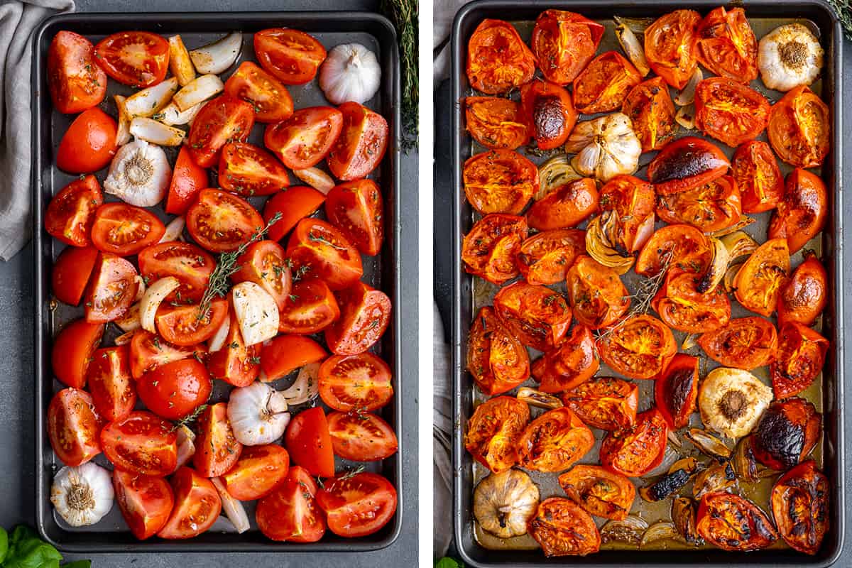 A collage of two images showing tomatoes with garlic and onion in a baking pan before and after they are roasted.