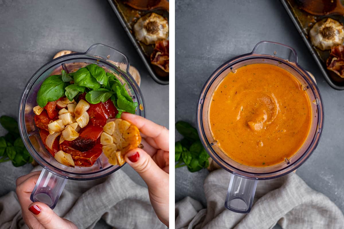 A collage of two images showing the roasted vegetables in a blender before and after they are blended.