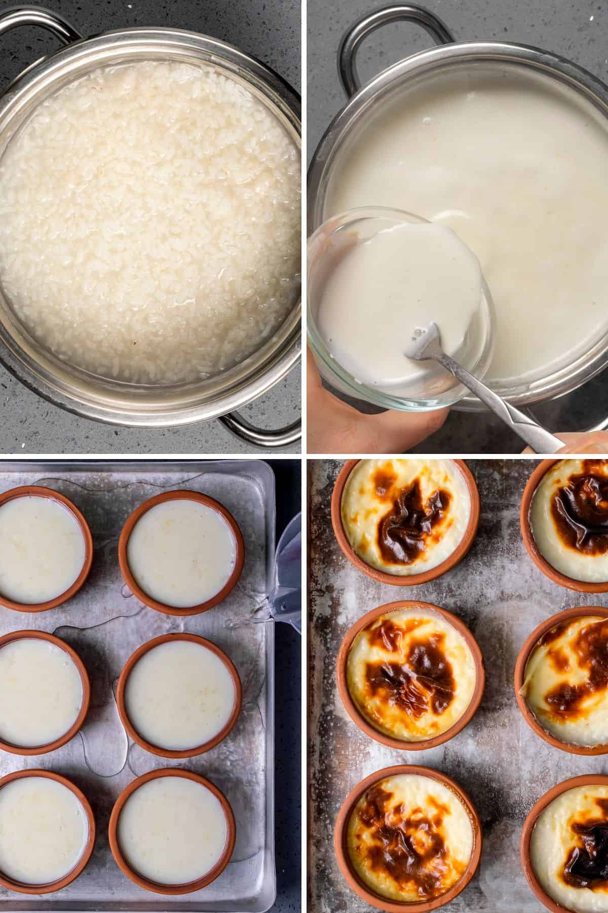 Step-by-step collage showing how to make Turkish baked rice pudding (fırın sütlaç), from cooking the rice pudding to baking it until the tops are caramelized.