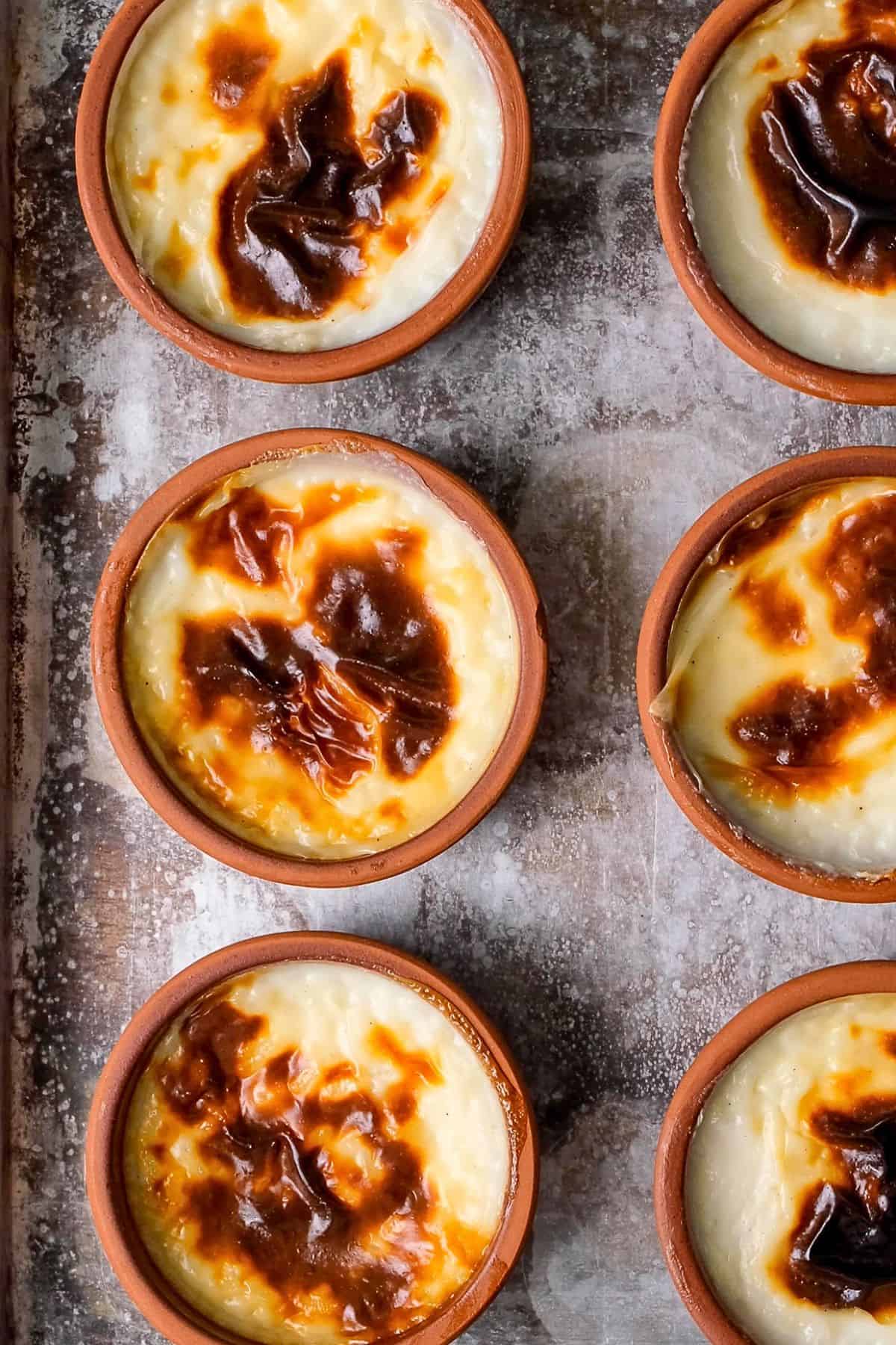 Clay bowls filled with Turkish rice pudding (fırın sütlaç) with beautifully caramelized tops on a baking tray.