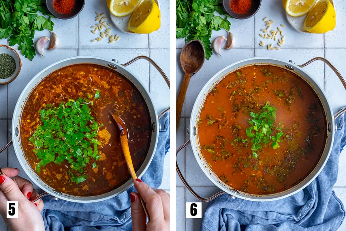 A collage of two pictures showing sehriye corbasi in a pot before and after being cooked.