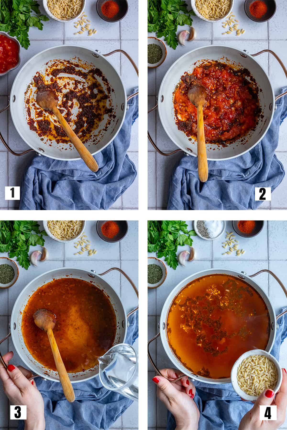 A collage of four pictures showing how to make orzo soup with tomatoes.