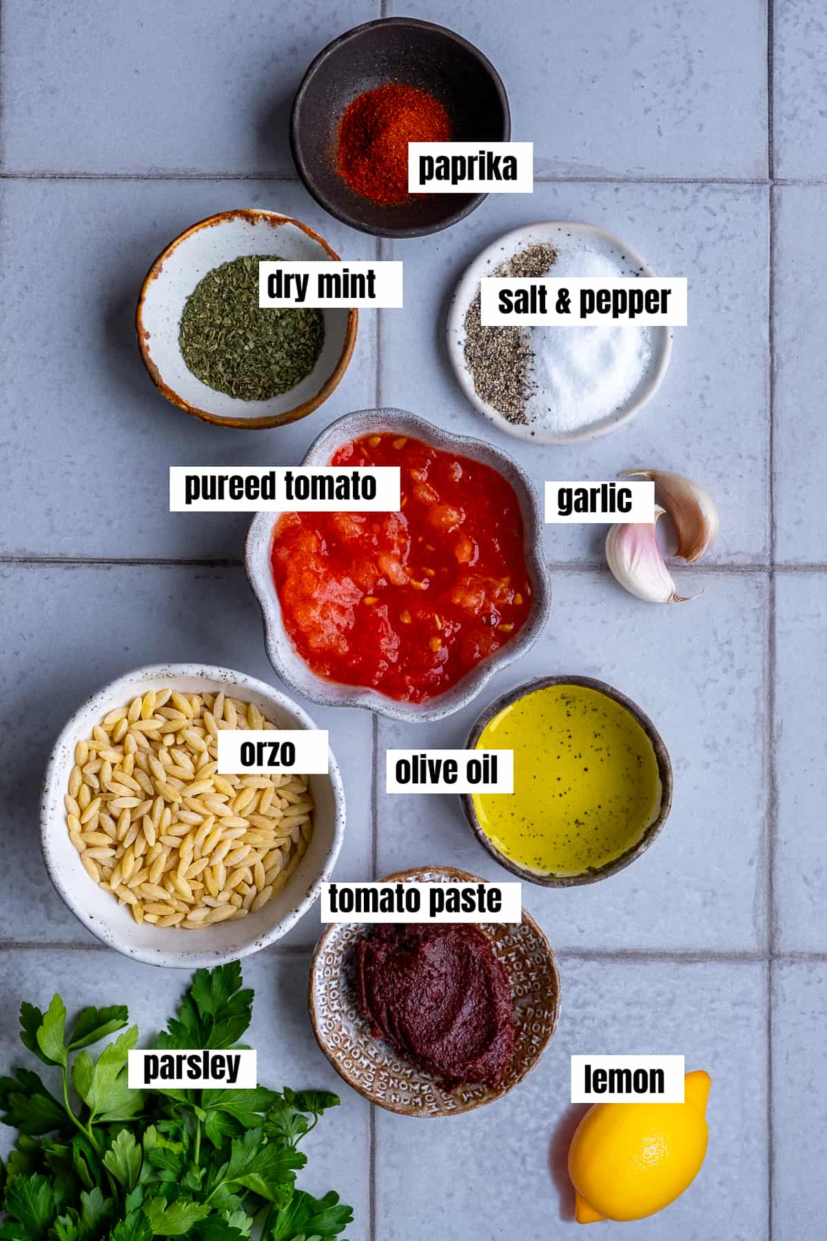 Ingredients of Turkish orzo soup photographed from top view.