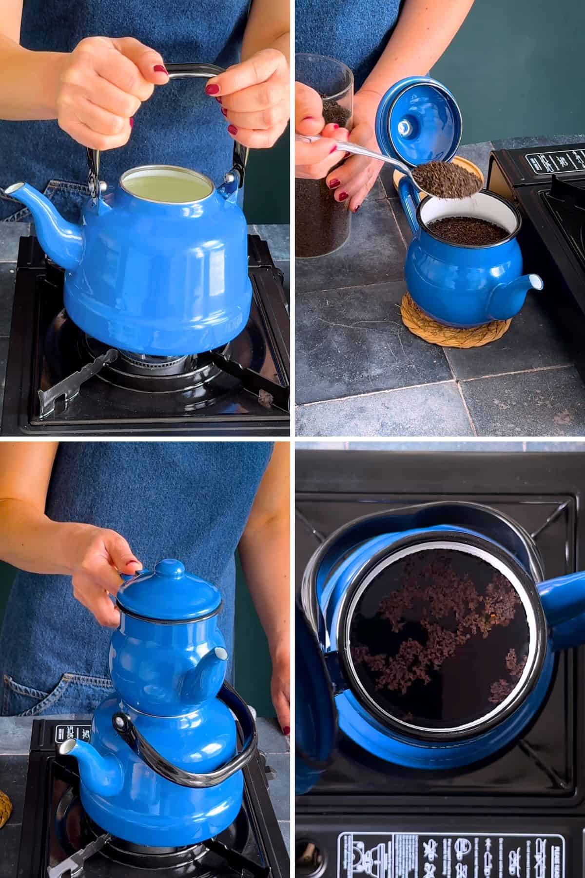 Step-by-step photos showing how to make Turkish tea in a blue double teapot (çaydanlık), from boiling water and adding loose tea leaves to brewing the tea.