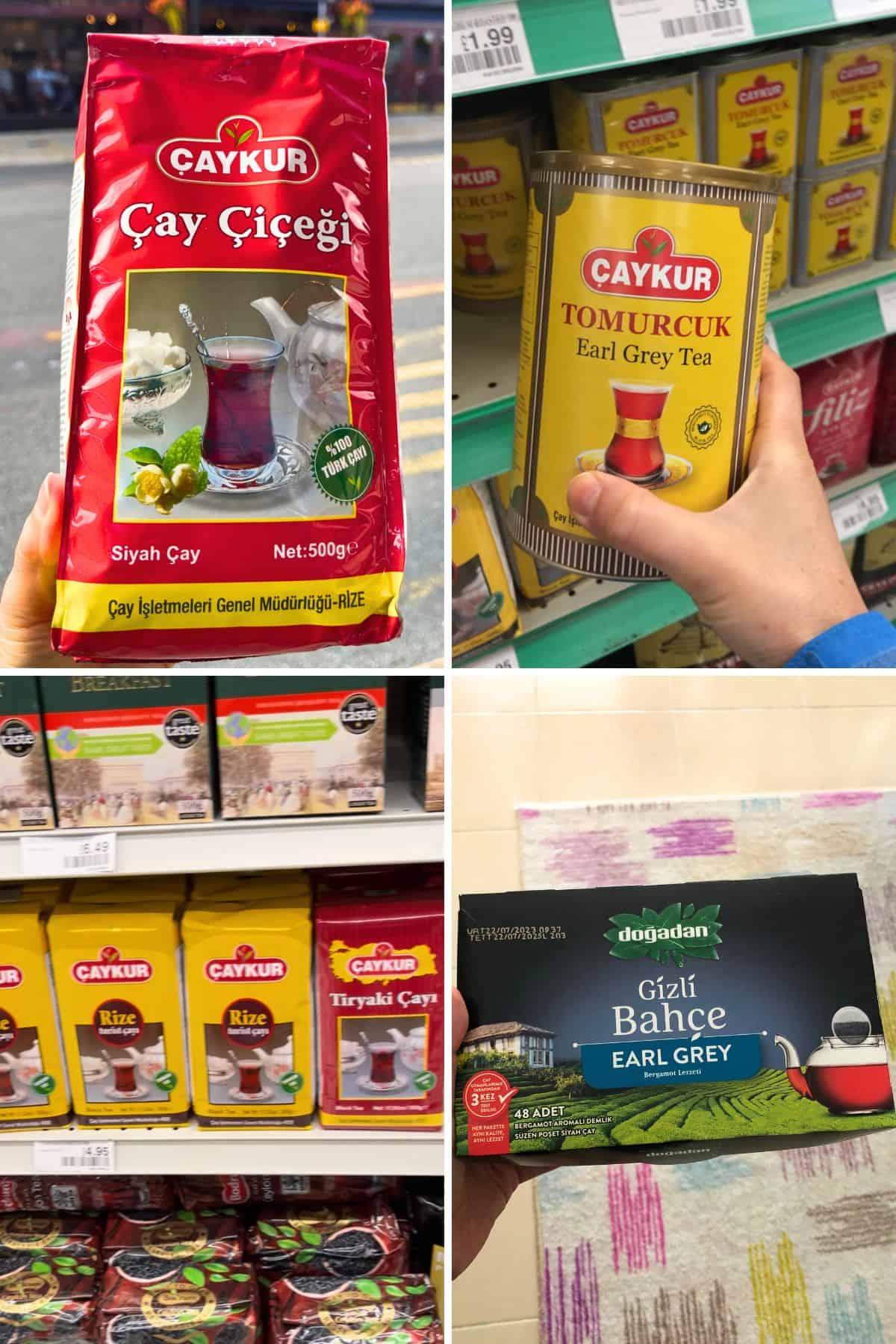Collage of Turkish tea brands and varieties.