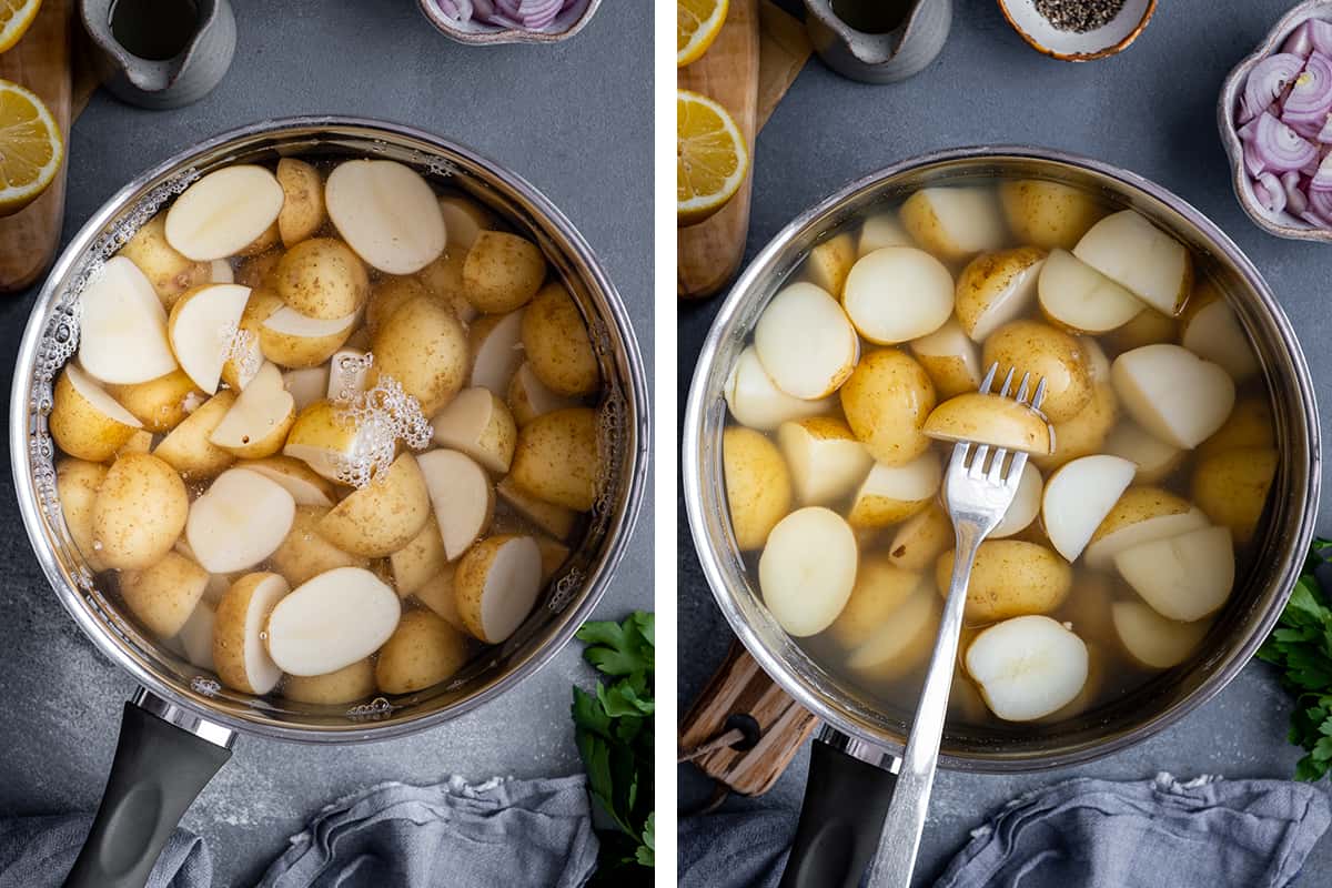 A collage of two pictures showing how to boil potatoes in a saucepan.
