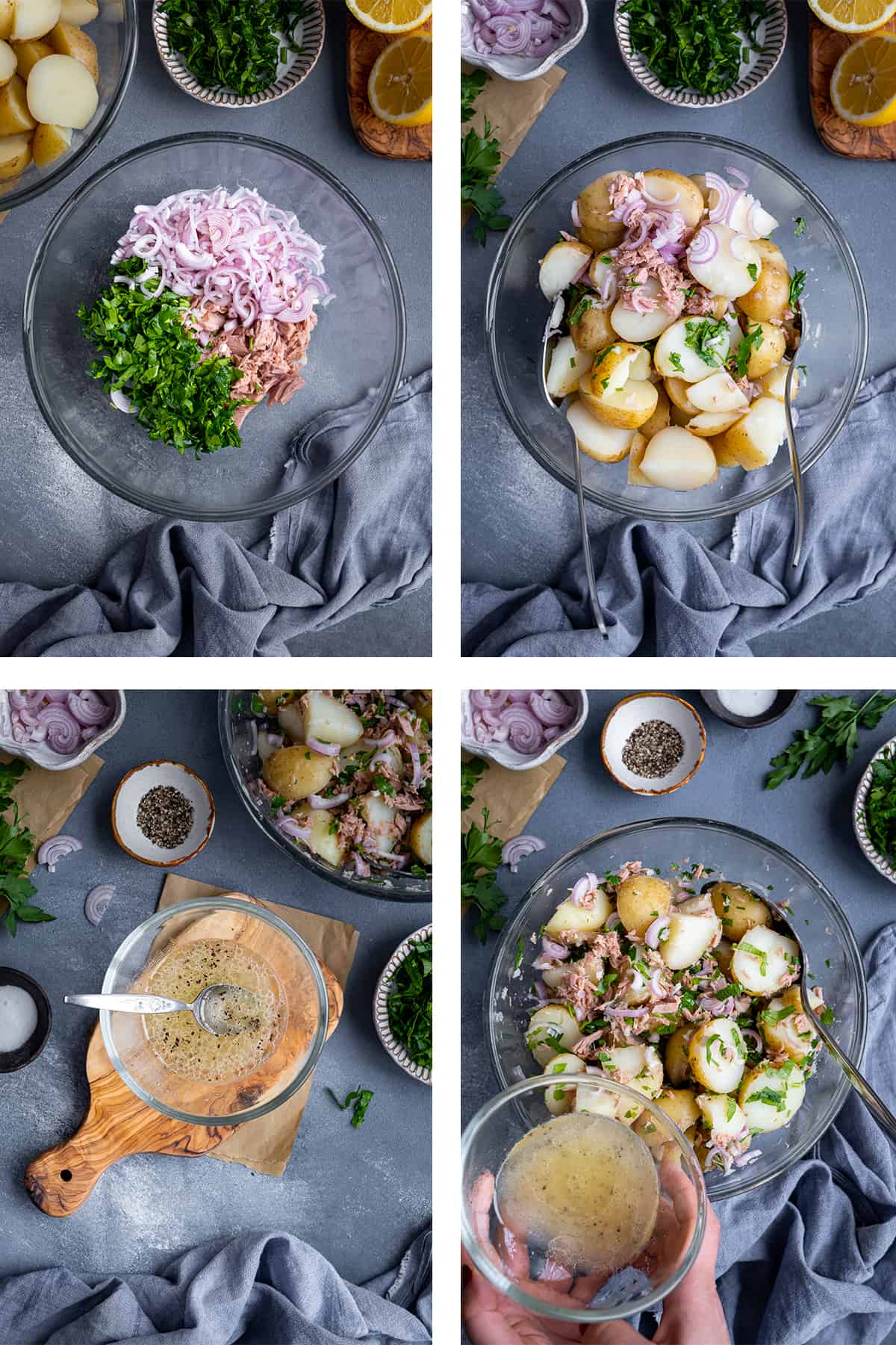 A collage of four pictures showing the steps of making tuna salad with potatoes.