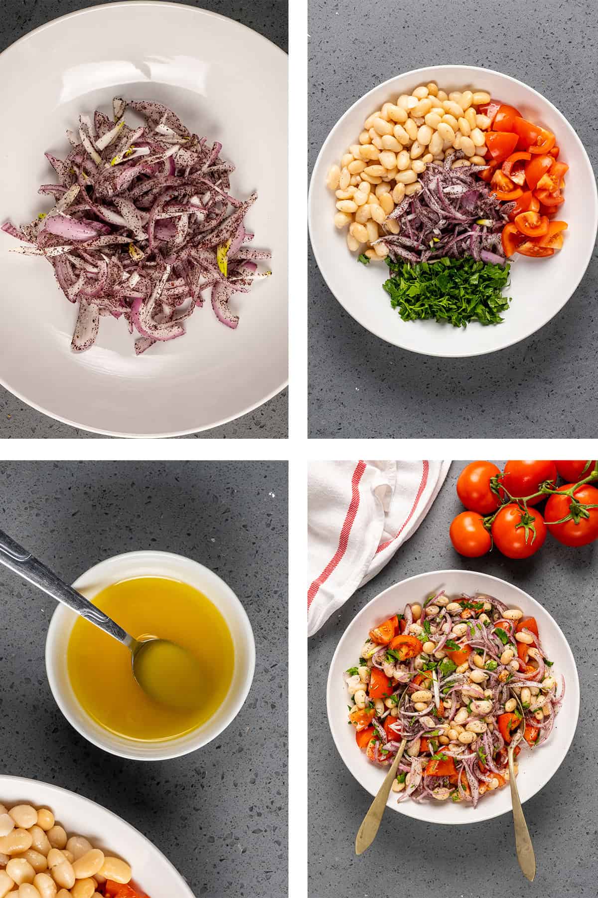 A collage of four pictures showing the steps of making Turkish bean salad.