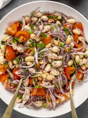 White bean salad with tomatoes and red onions in a white bowl.