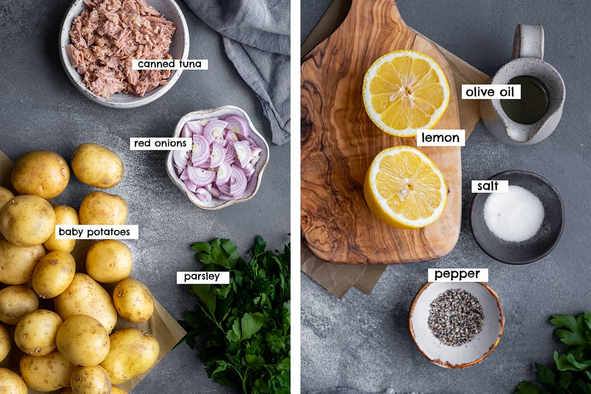 A collage of two pictures showing the ingredients for tuna potato salad and the ingredients for the dressing used in that salad.