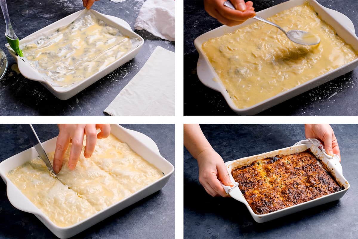 A collage of images showing the steps of making borek.