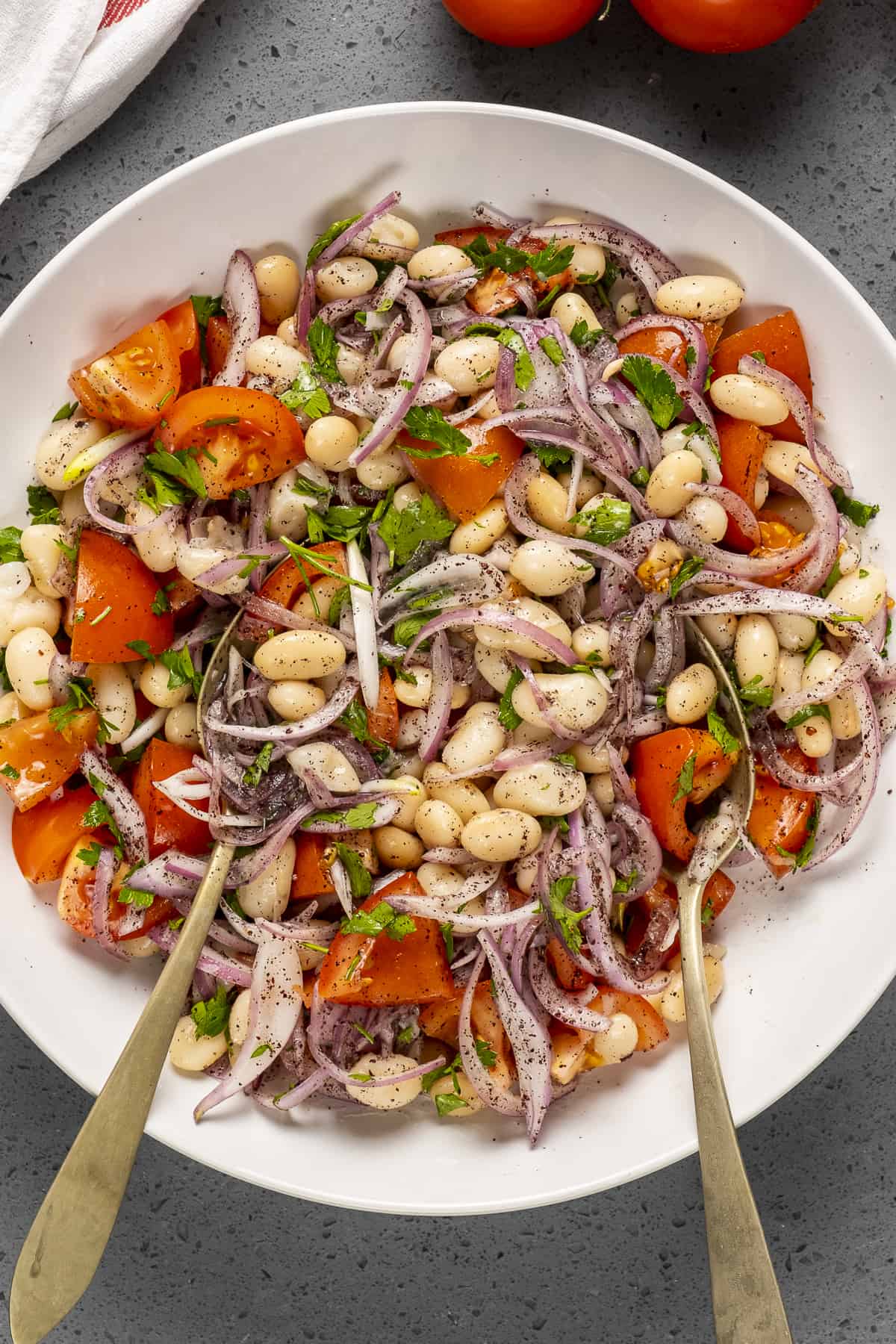 Bean salad with onions and tomatoes in a white bowl.