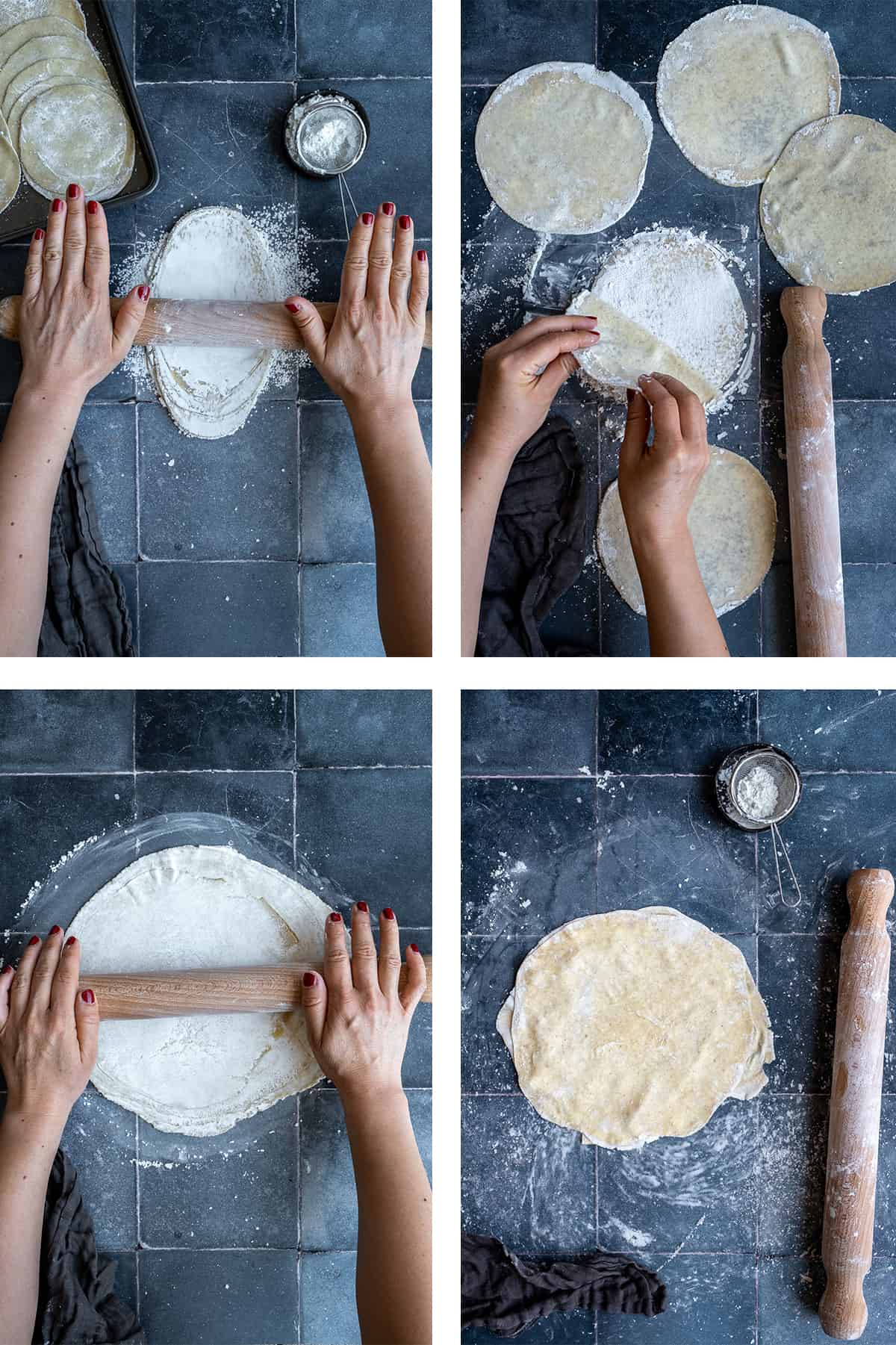 A collage of four pictures showing the steps of making baklava dough.