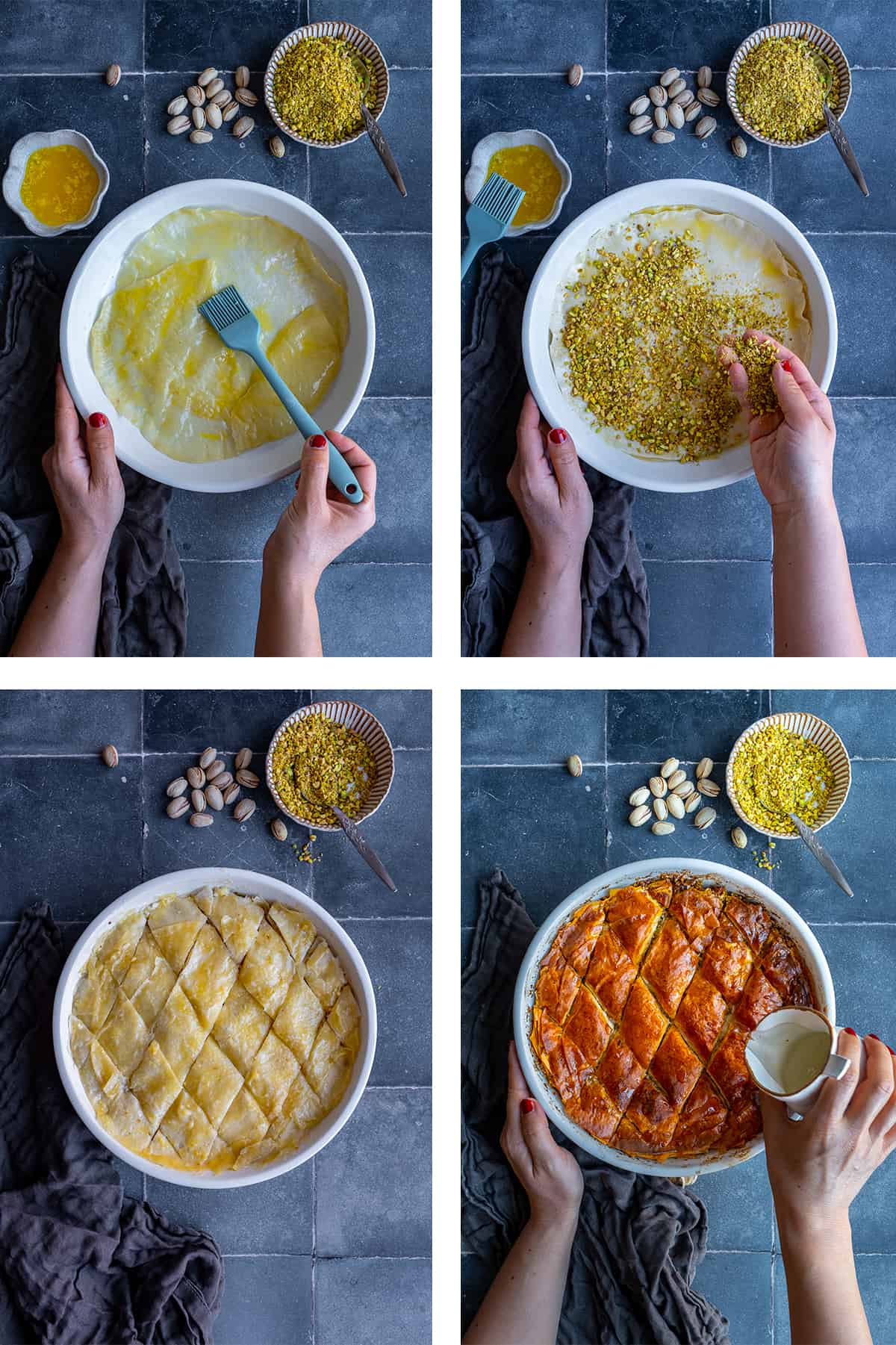 A collage of four pictures showing the steps of making baklava in a round baking pan.