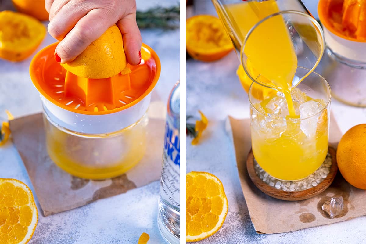 A collage of two pictures showing how to juice an orange and pour it over vodka.