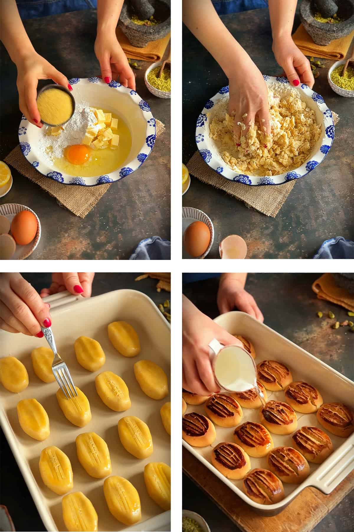 Step-by-step collage showing the process of making Şekerpare: combining ingredients in a bowl, mixing the dough by hand, shaping and decorating the cookies with a fork, and pouring syrup over the baked cookies.