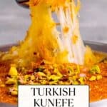 A fork taking a piece of kunefe and the cheese inside stretching.