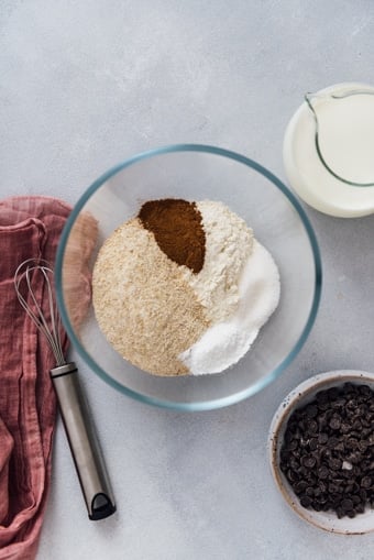 Dry ingredients for an eggless pancake recipe ready in a mixing bowl