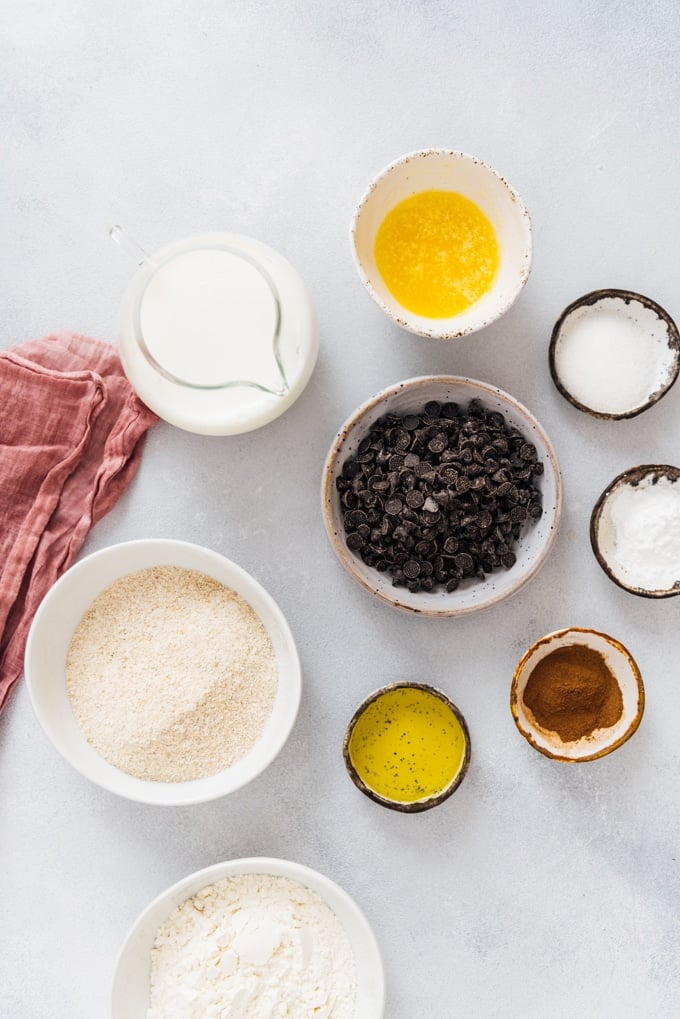 Ingredients for egg free pancake recipe ready on a grey background.