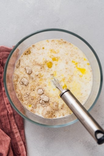 Ingredients for an egg free pancake recipe ready in a mixing bowl