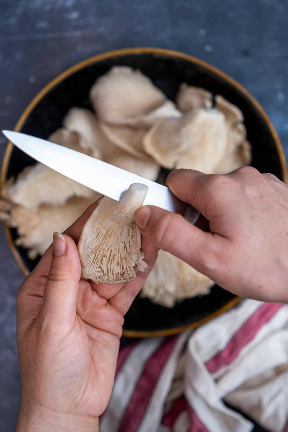 Hands cutting off the rubbery stem of oyster mushrooms with a knife.