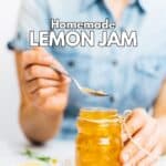 Woman with a blue shirt taking a spoon of lemon jam from a jar.