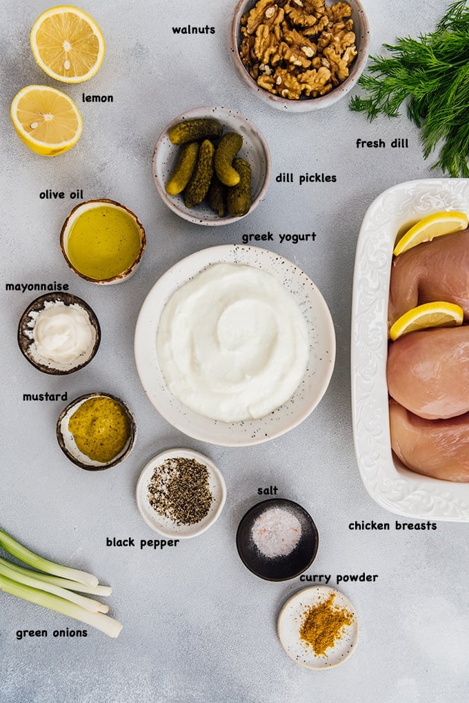 Low carb chicken salad ingredients on a grey background