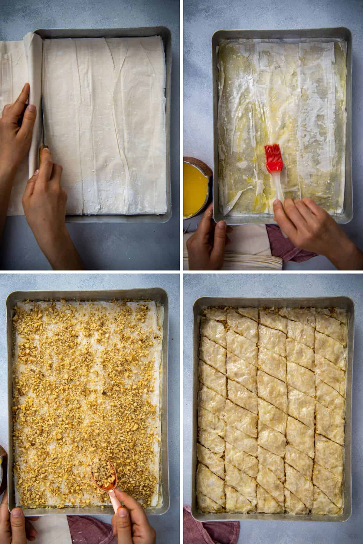Step-by-step Turkish baklava preparation showing layering phyllo dough, brushing with butter, adding chopped walnuts, and cutting into diamond shapes in a baking tray.