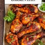 Pinterest pin showing baked Turkish chicken legs on a tray, garnished with parsley.