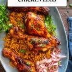 Pinterest pin showing Turkish chicken legs served on bulgur pilaf with sumac onions.
