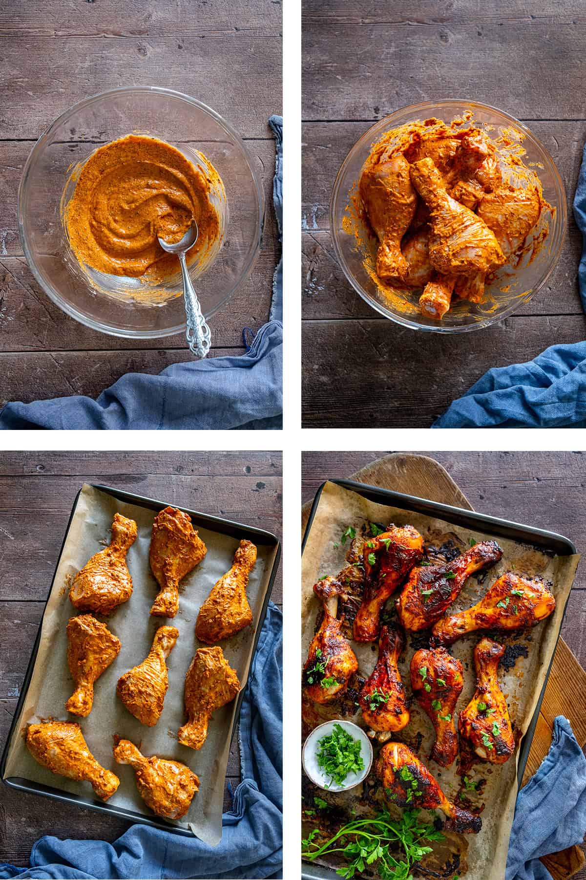 Step-by-step process of making Turkish chicken legs: mixing the marinade, coating the chicken, placing it on a baking tray, and the final baked result garnished with fresh parsley.