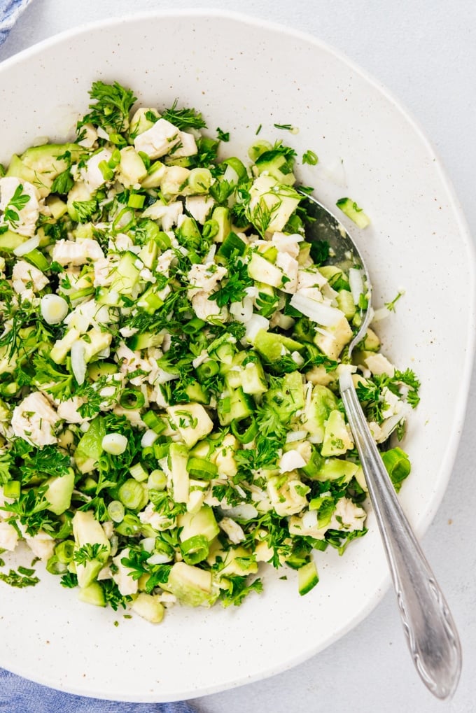 Avocado Chicken salad NO MAYO. With a mouthwatering vinaigrette. Makes a perfect summer lunch. #chickensalad #nomayosalad #mayofreechickensalad #lowcarbsalad Chicken salad no mayo in a bowl