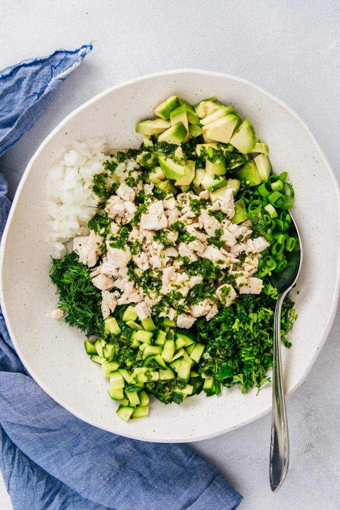 Herbed avocado chicken salad without mayo in a ceramic bowl