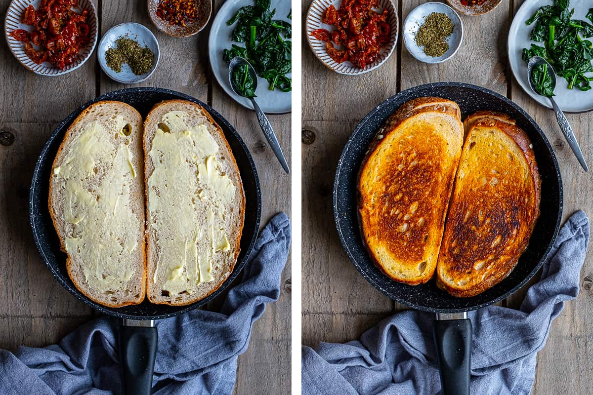 A collage of two pictures showing grilled cheese sandwich in a pan before and after it is cooked.
