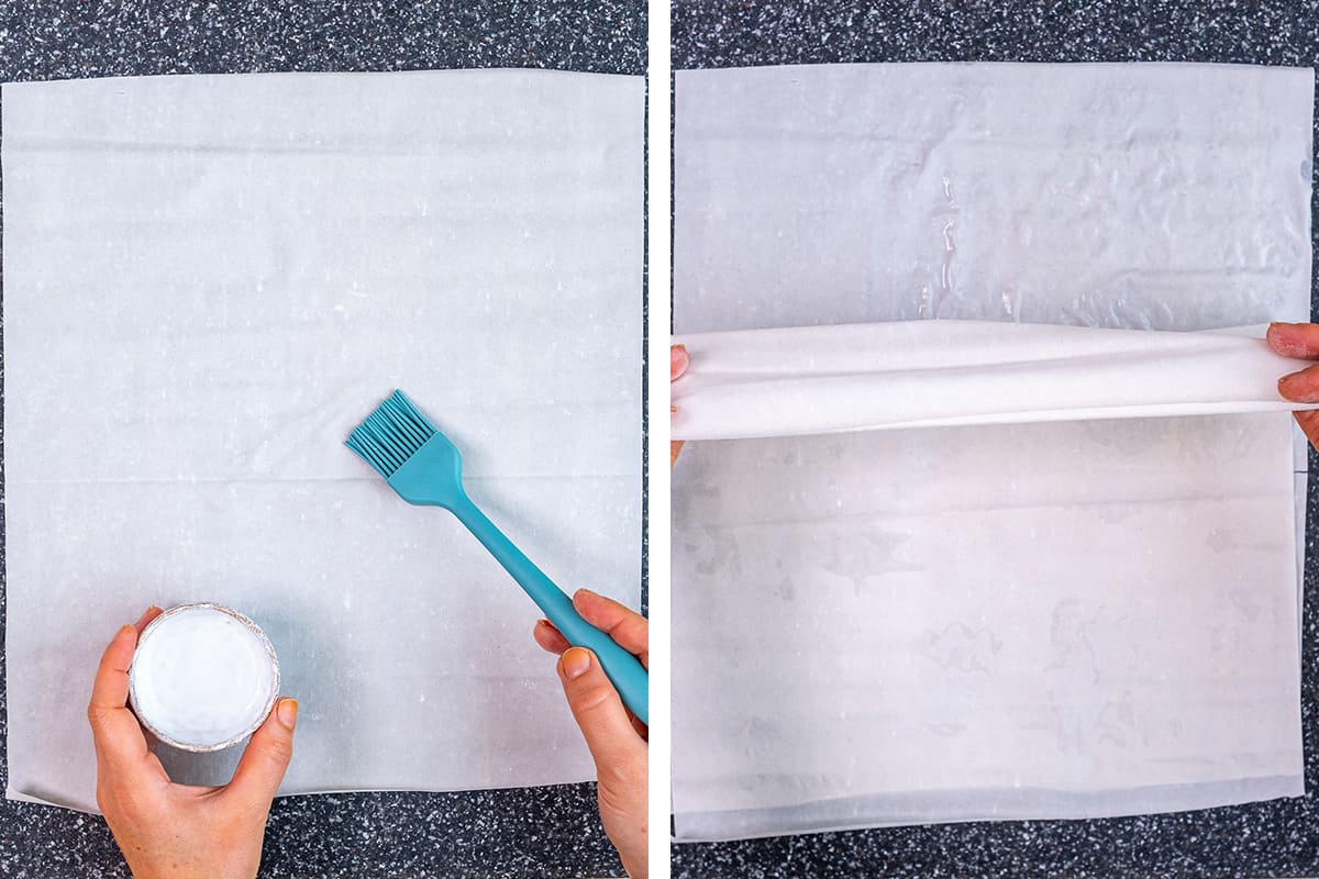 A collage of two pictures showing how to brush filo sheets with water.