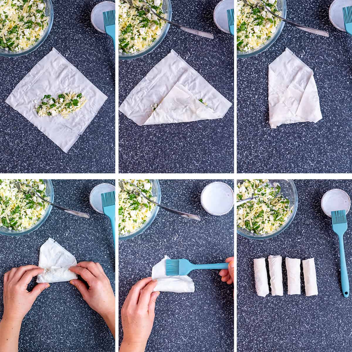 A collage of six pictures showing how to roll filo sheets.