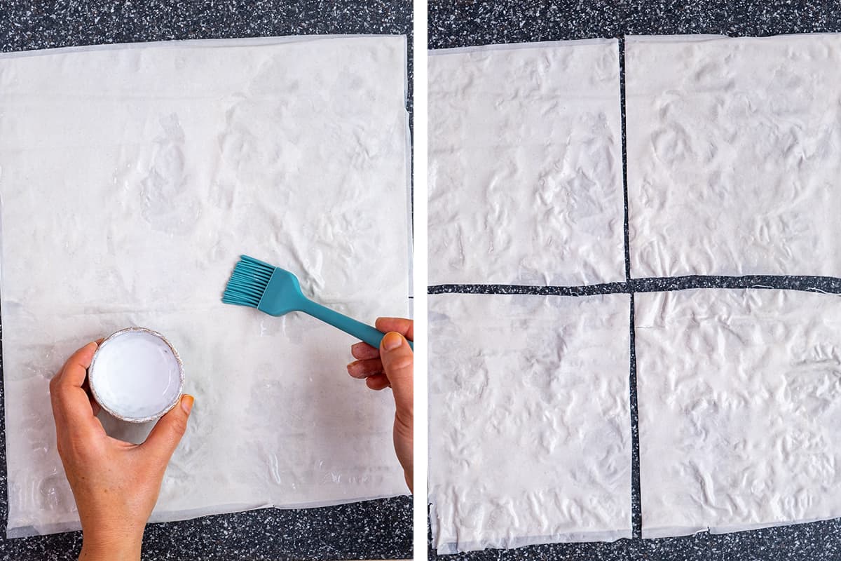 A collage of two images showing how to cut filo dough sheets.