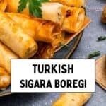 Turkish sigara boregi, crispy fried phyllo rolls with cheese filling on a plate.