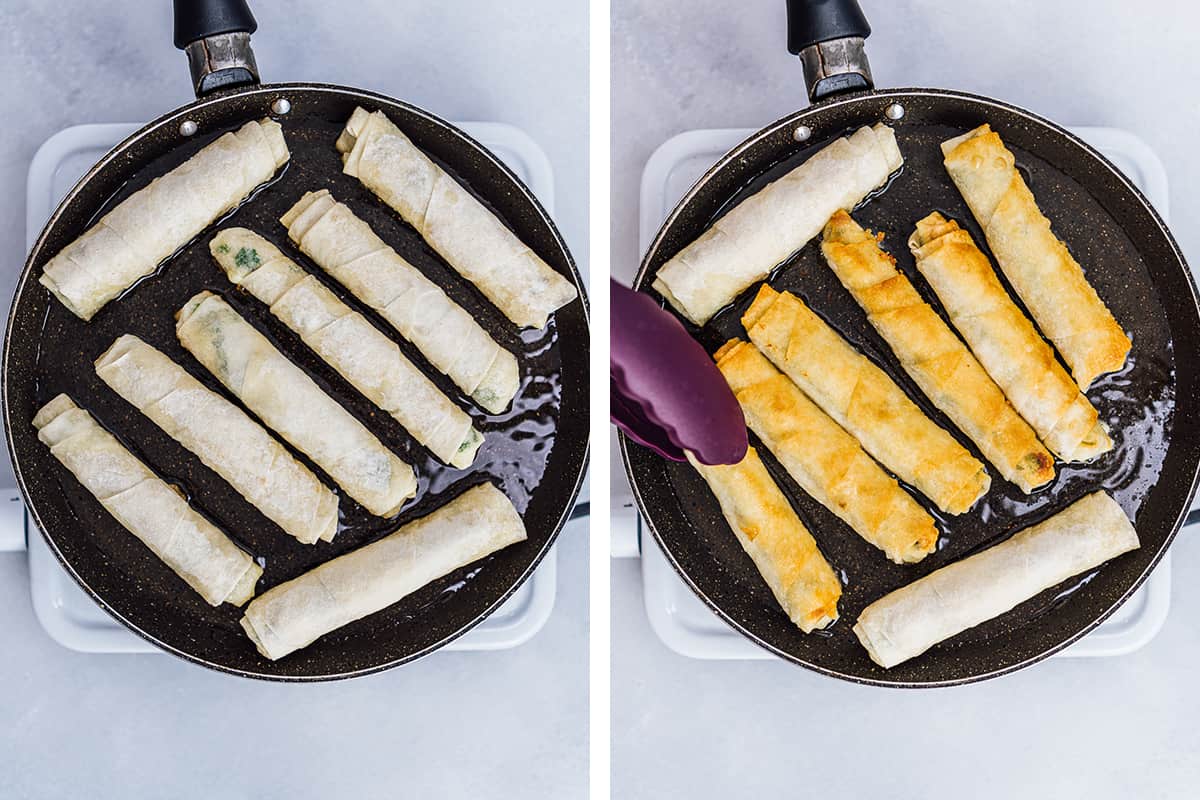 A collage of two pictures showing how to fry filo feta rolls.