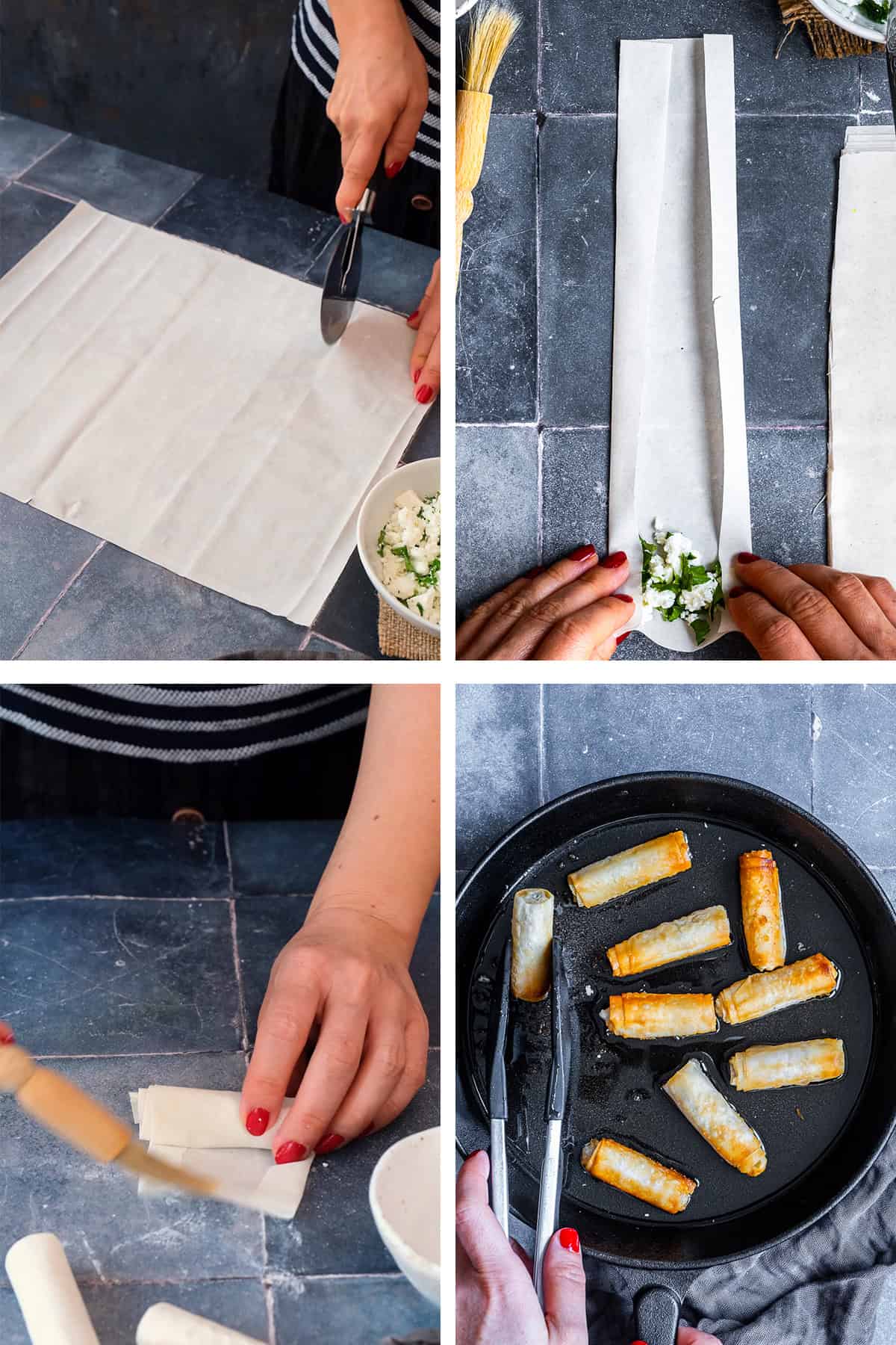 Step-by-step making of sigara böregi: cutting phyllo, adding feta filling, rolling, and frying until golden.