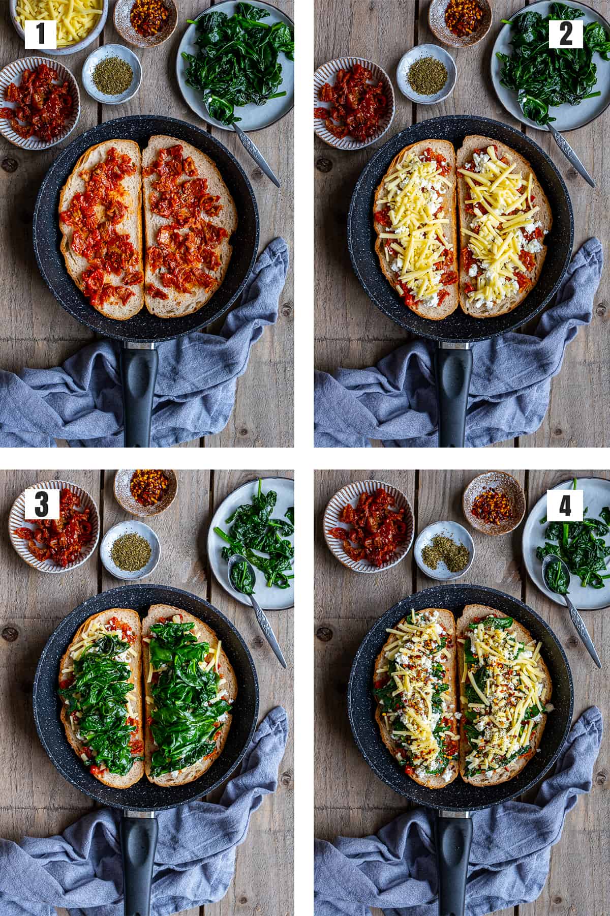 A collage of four pictures showing how to top the bread slices with sun-dried tomatoes, cheeses, cooked spinach and spices in a non-skillet pan.