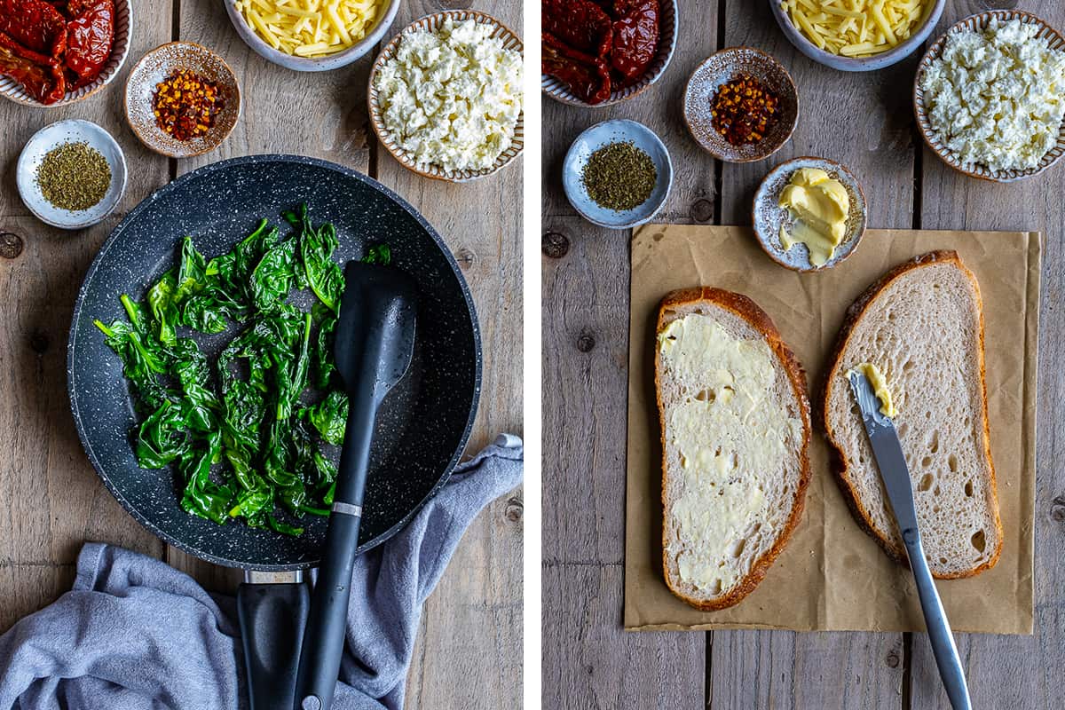 A collage of two pictures showing cooked spinach in a pan and buttered bread slices.
