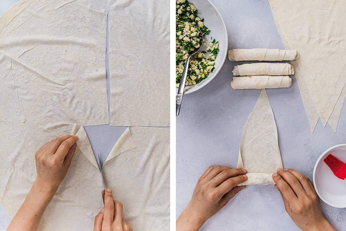 A collage of two pictures showing how to cut triangle filo sheets and rolling them up.