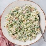 easy macaroni salad recipe with veggies, pickles and a yogurt-mayo dressing